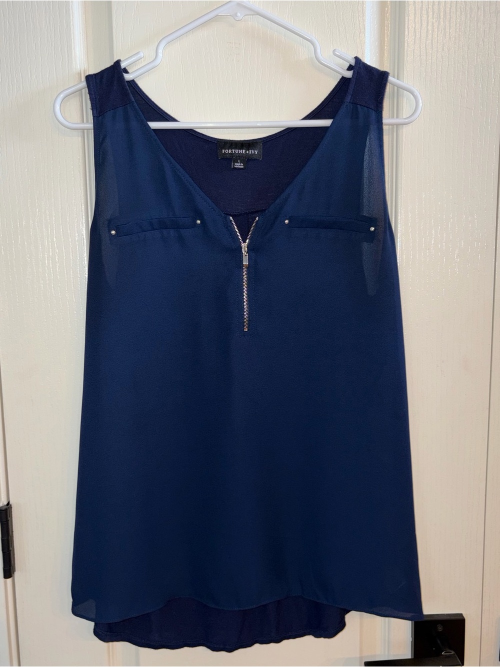 Fortune + Ivy Navy Sleeveless Zip-Front Blouse